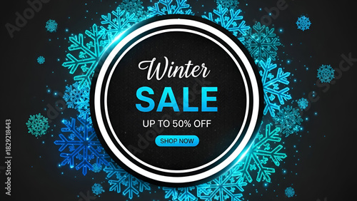 Elegant Circular Frame Design Winter Sale Discount Banner Surrounded By Glowing Blue Snowflakes And Sparkling Bokeh Lights On A Dark Background Advertising Mega Exclusive Offers Up To Fifty Percent 