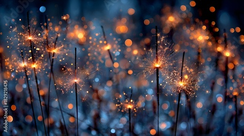 Golden sparklers create glitte light against a dark blue background in celebration and joyous festive holiday occasion at night time.