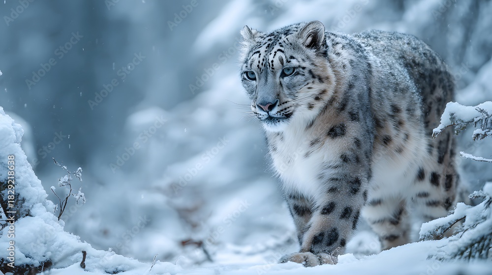 Obraz premium Majestic Snow Leopard Prowling Through a Winter Wonderland.