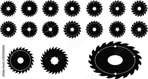 Circular saw blades silhouettes, diverse metal disc shapes, wood cutting tool, industry, construction, sharp, black vector icon collection.