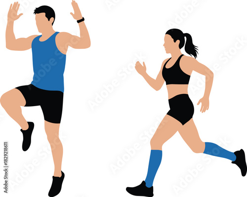 Couple doing fitness running and high knee exercise, cardio workout, active lifestyle, sport, health, flat vector illustration, marathon training.