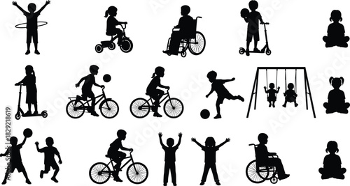 Diverse children playing silhouettes, active kids, bicycling, scooter, swing, wheelchair, ball games, childhood fun, vector illustration collection.
