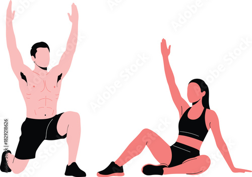 Couple doing fitness exercises, man lunging, woman core workout, personal training, healthy lifestyle, gym, active fitness flat vector illustration.