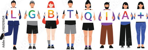 Diverse group holding LGBTQIA+ signs, pride month, equality, human rights, inclusion, diverse people, support, flat vector illustration, identity.