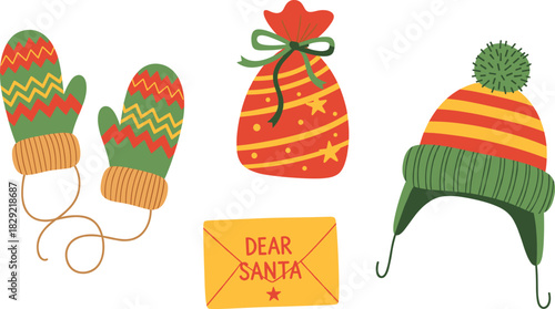 Cozy Christmas Vector Set, Mittens, Gift Sack, and Dear Santa Letter for Holiday Season Graphics