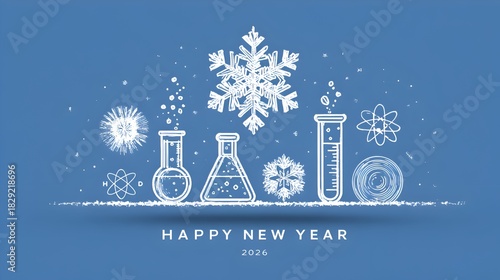Winter themed science illustration featu laboratory glassware and snowflakes wishing a Happy New Year 2026 on a blue background.