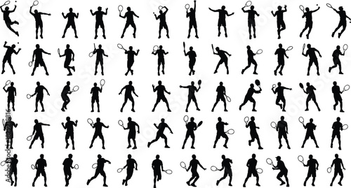 Large tennis player silhouettes set, various action poses, serving, hitting, running, sport, competition, athlete, black vector illustration collection.