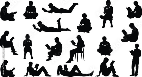Large set of people reading books silhouettes, diverse sitting, lying, standing poses, leisure, education, knowledge, black vector collection.