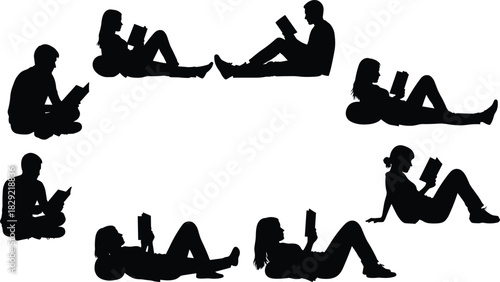 People reading books silhouettes, comfortable seated and lying poses, leisure, education, knowledge, quiet time, black vector illustration set.