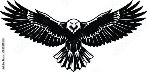 Furious Black Eagle Mascot Vector Illustration with Wide Spread Wings, Majestic Bird of Prey, Flying Hunter Graphic Design Isolated on White Background for Sports Team Logo or Military Emblem