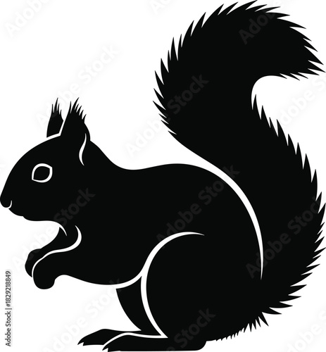Black Silhouette of Squirrel Vector Icon Design, Rodent Animal with Large Bushy Tail, Simple Minimalist Graphic Element Isolated on White Background, Forest Wildlife Mascot Drawing, Flat Sticker
