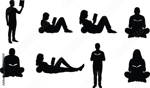 People reading books silhouettes, diverse sitting, lying, standing poses, students, learning, leisure, education, black vector illustration set.