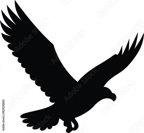 Dynamic Black Silhouette of Flying Eagle, Majestic Hawk, or Falcon Vector Icon Design, Predatory Bird of Prey with Spread Wings, Isolated on White Background for Logo, Emblem, or Decal Element, 