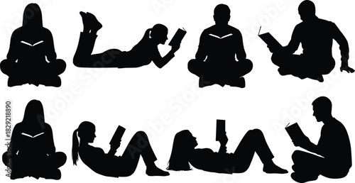 People reading books silhouettes, lying down, cross-legged, studying, leisure, quiet time, education, knowledge, black vector illustration set.