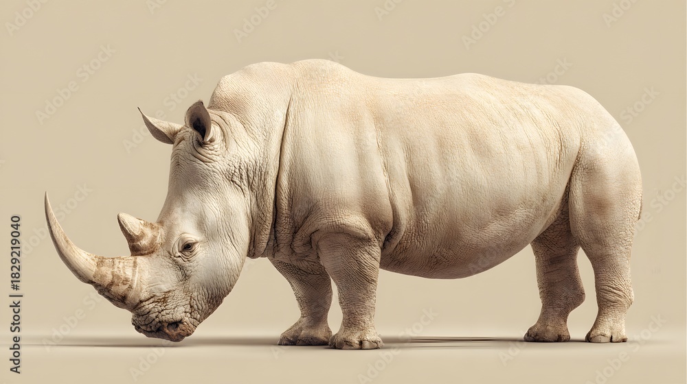 Obraz premium Majestic White Rhinoceros Standing Gracefully on a Neutral Background.