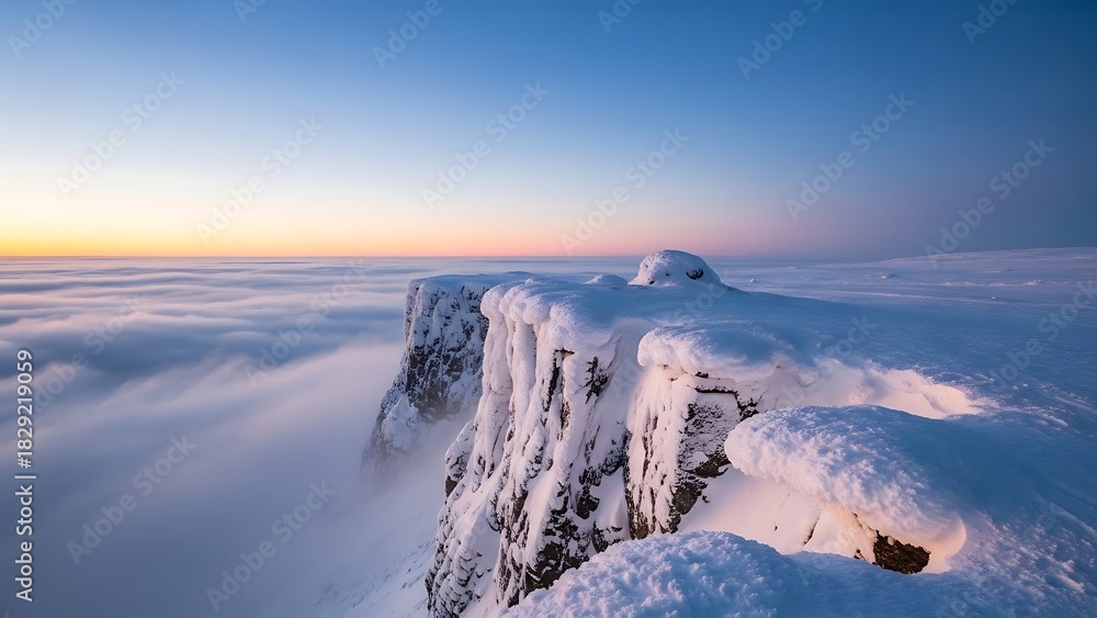 Obraz premium Breathtaking winter vista from a snow-covered cliff high above a sea of clouds during a serene and golden sunrise