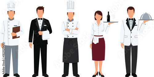 Restaurant professional staff vector, chef, sommelier, waiter, waitress, hospitality uniform, food service, catering, flat illustration set.