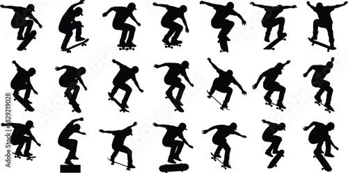 Skateboarder silhouettes collection, young man performing tricks, skateboarding, extreme sport, action, jumping, black vector illustration set.