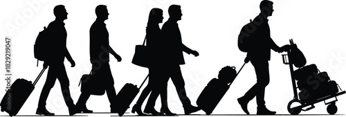 Traveler silhouettes walking, pulling luggage, airport, business travel, vacation, tourism, passenger group, black vector illustration, journey.