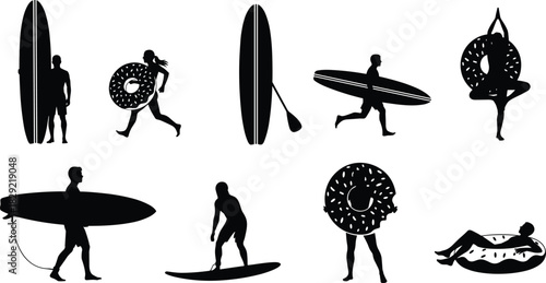 Summer beach activities silhouettes, surfing, paddle boarding, running with swim ring, water sports, vacation, fun, black vector illustration set.