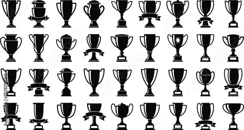 Trophy silhouettes collection, various championship cups, award icons, victory, success, prize, sport, achievement, black vector graphic set.