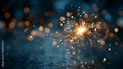 A single sparkler burns brightly with a shower of golden sparks against a dark blue and bokeh filled festive background at night time.