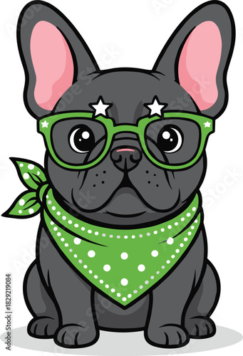Cute Brindle French Bulldog Vector Sitting with Big Ears, Wearing Star Sunglasses and Green Neckerchief
