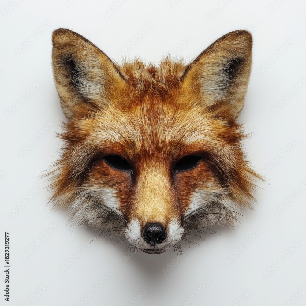 Obraz premium Close-up Portrait of a Red Fox Head Against Plain White Background, Studio Lighting, Detailed Fur Texture, Wild Animal and Nature Aesthetic.