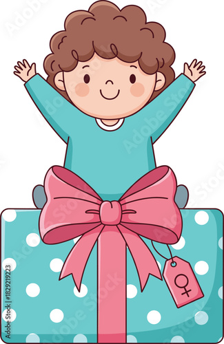 Cute Cartoon Baby Sitting on Polka Dot Gift Box with Pink Bow, Female Gender Reveal Illustration