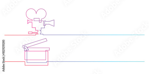 Minimalist continuous line vector illustration of a film production set featuring a movie camera and an open clapperboard, rendered in a modern two-color gradient. Ideal for video, cinema, and media c