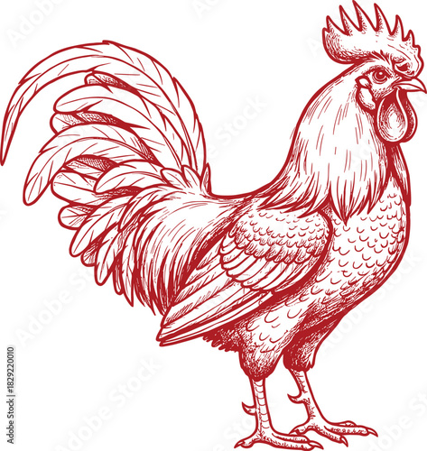 Detailed Rooster Vector Sketch Illustration, Hand-Drawn Farm Bird Graphic in Vintage Red Ink Style