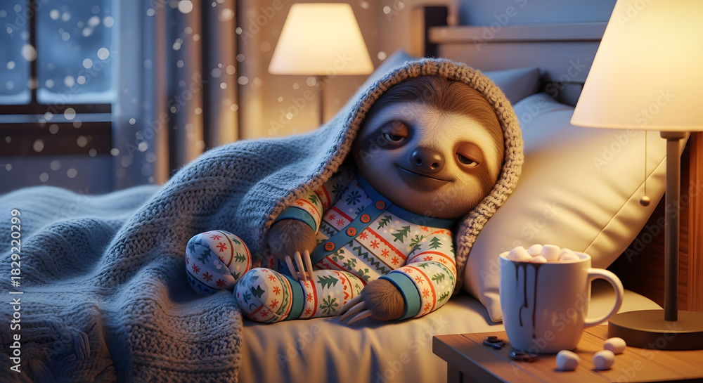 Obraz premium Adorable smiling sloth wearing holiday pajamas, tucked into a warm bed with hot chocolate on a snowy evening