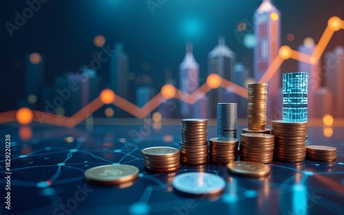 abstract business background with buildings and coins. business and finance. Generative AI. High quality