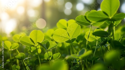 Fototapeta Naklejka Na Ścianę i Meble -  Sunlight filtering through lush green clover leaves in a meadow