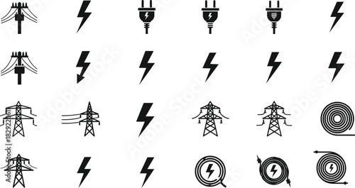 Electrical energy icons set featuring power lines, lightning bolts, plugs, cables, voltage symbols, utilities infrastructure, industrial electricity signs, vector illustration