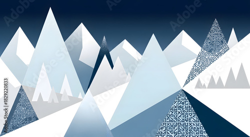 Stylized geometric mountain range illustration featuring a conceptual winter landscape with snow-capped peaks under a dark blue sky