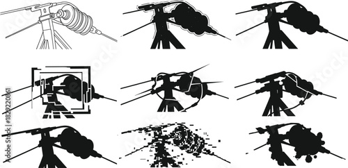 Electrical insulator failure illustration set showing power line damage, smoke effects, malfunction concepts, high voltage infrastructure accident silhouette collection