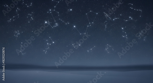 A serene night sky filled with glowing constellations and zodiac signs over a calm, dark horizon