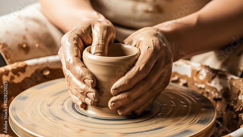 Hands shaping clay on a pottery wheel creating a ceramic vessel
