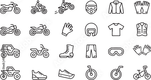 Motorcycles, offroad vehicles, gear and riding wear are depicted in this line art, presented over white