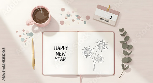 A flat lay concept for New Year's celebration and planning with a notebook, calendar, and coffee on a pastel background