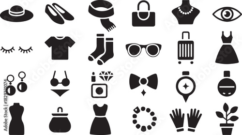 Isolated black glyphs show fashion accessories, apparel, beauty items, and luggage on white
