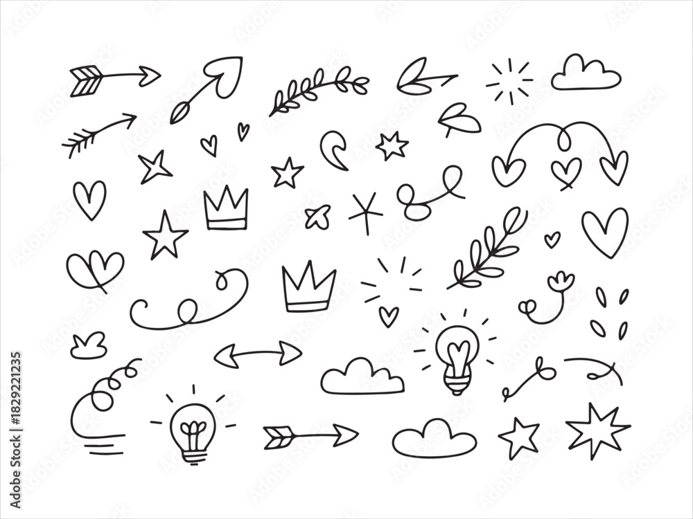 Naklejka premium Hand Drawn Doodle Icons Set | Arrows Hearts Stars Sketch Elements