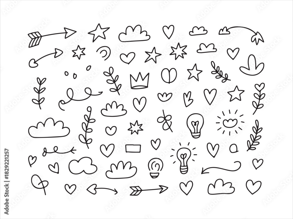 Obraz premium Hand Drawn Doodle Icons Set | Arrows Hearts Stars Sketch Elements