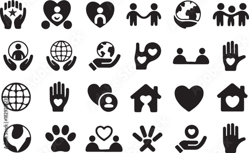 Black icons depict care, love, protection of people, animals, and planet Earth