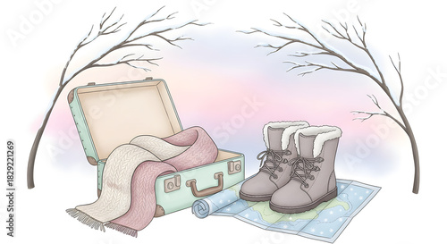 Cozy Winter Getaway Suitcase, Boots, and a Map Ready for Adventure