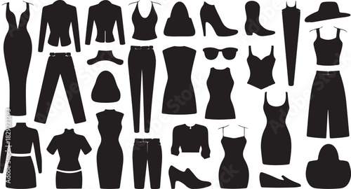 Collection of black dress, pants, shoes, purse, and sunglasses form a minimalist silhouette display