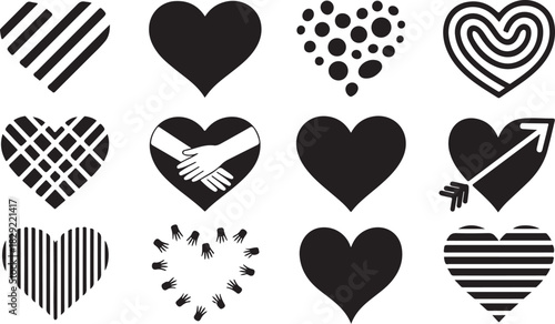 Diverse hearts display unique love symbols and expressions, with white background that remains transparent