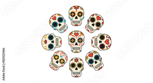 Day of the dead skulls arranged in a circle a dia de los muertos design element for a celebration of life and remembrance culture graphic