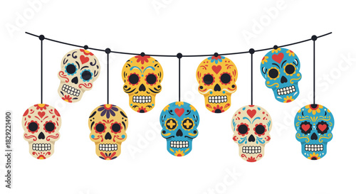 day of the dead banner with sugar skulls hanging decorative cultural ornaments for dia de muertos celebration depicting festive tradition holiday spirit